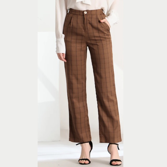 Allegra K Brown Straight Leg Pants with High Waist and Plaid Pattern - Picture 2 of 8